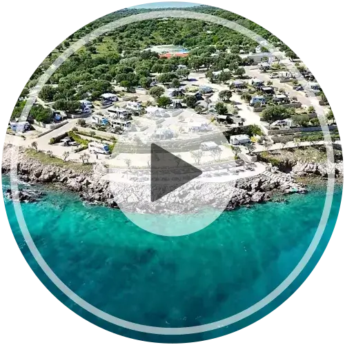 Video-Vorschau Luftaufnahme Olea Camping Pag mit Wohnmobil-Stellplätzen direkt am türkisblauen Meer in Kroatien