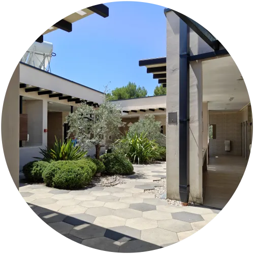 Modernes und erstklassiges Sanitärgebäude am Campingplatz Omišalj Der modern gestaltete, offene Innenhof des Sanitärgebäudes auf dem Campingplatz Omišalj mit Olivenbäumen, mediterranen Pflanzen und hellen, hexagonalen Gehwegplatten vor blauem Himmel.